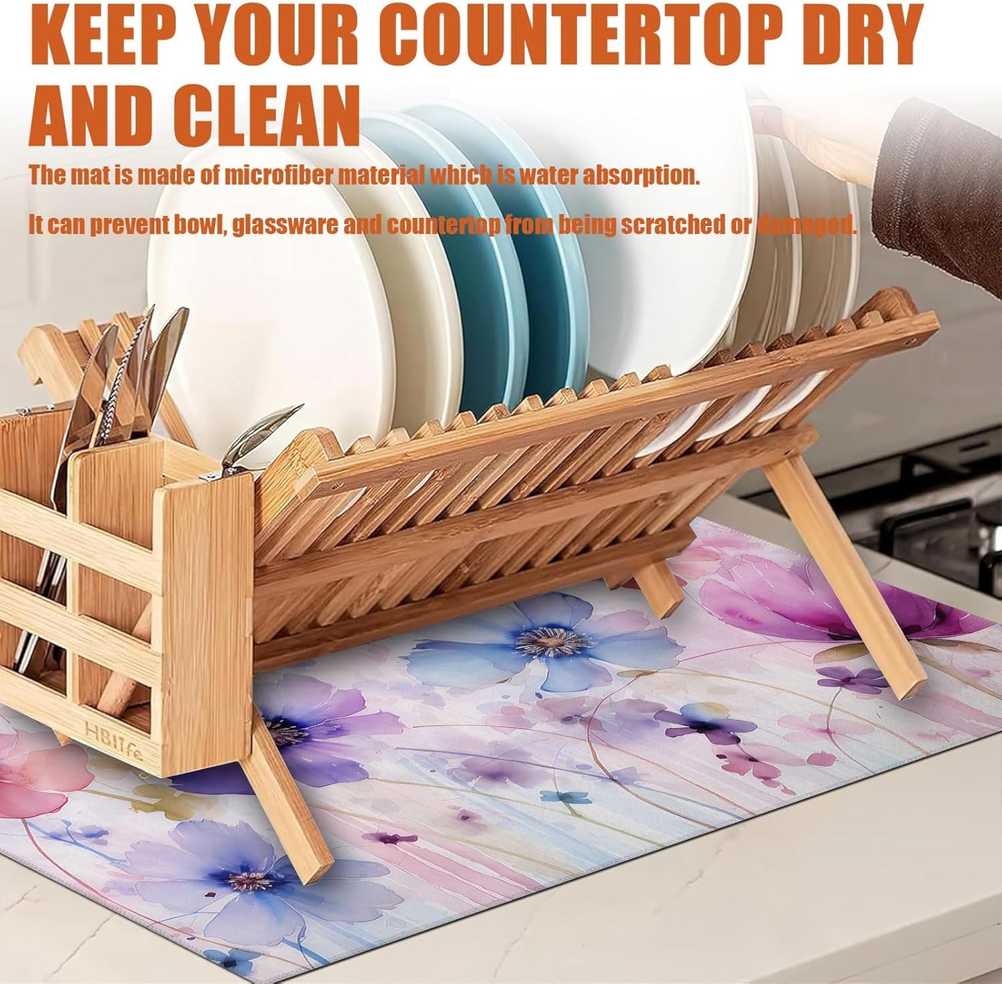 Watercolor Flowers Dish Drying Mat for Kitchen Counter Microfiber Absorbent Dish Kitchen Drying Mat Draining Reusable Washable for Dishes/Utensils/Counterto