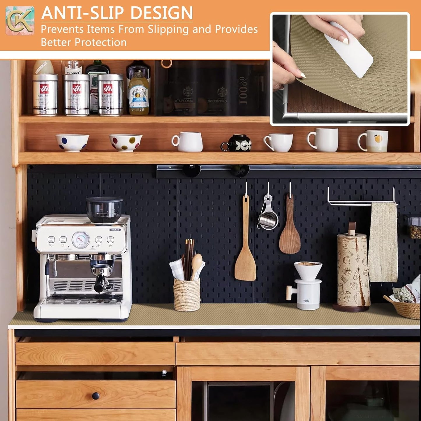 Self-Adhesive Shelf Liner Kitchen Liner, Waterproof Backed Paper Easy Peel and Stick Contact Liner Without Residue for Decor Your Desk Surface, Kitchen Countertops (Dark Khaki, 11.8 x 118.1 inches)