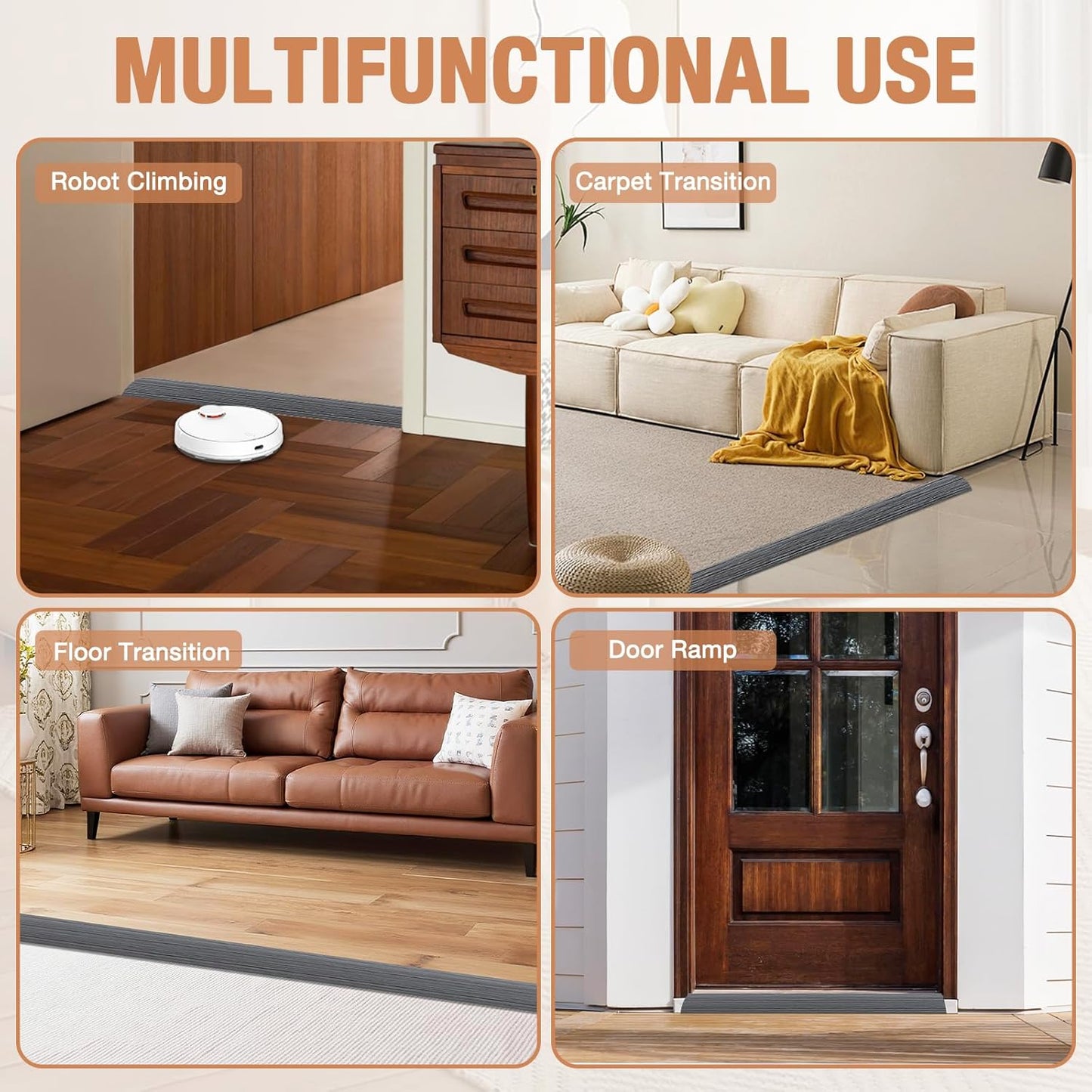 Floor Transition Strip Self Adhesive Vinyl Door Threshold for Doorways Carpet Edging Trim Overlap Edge Reducer for Laminate Floor, Carpet, Tile (Deep Gray Wood Grain, 3/5" to 4/5", 3.3Ft)