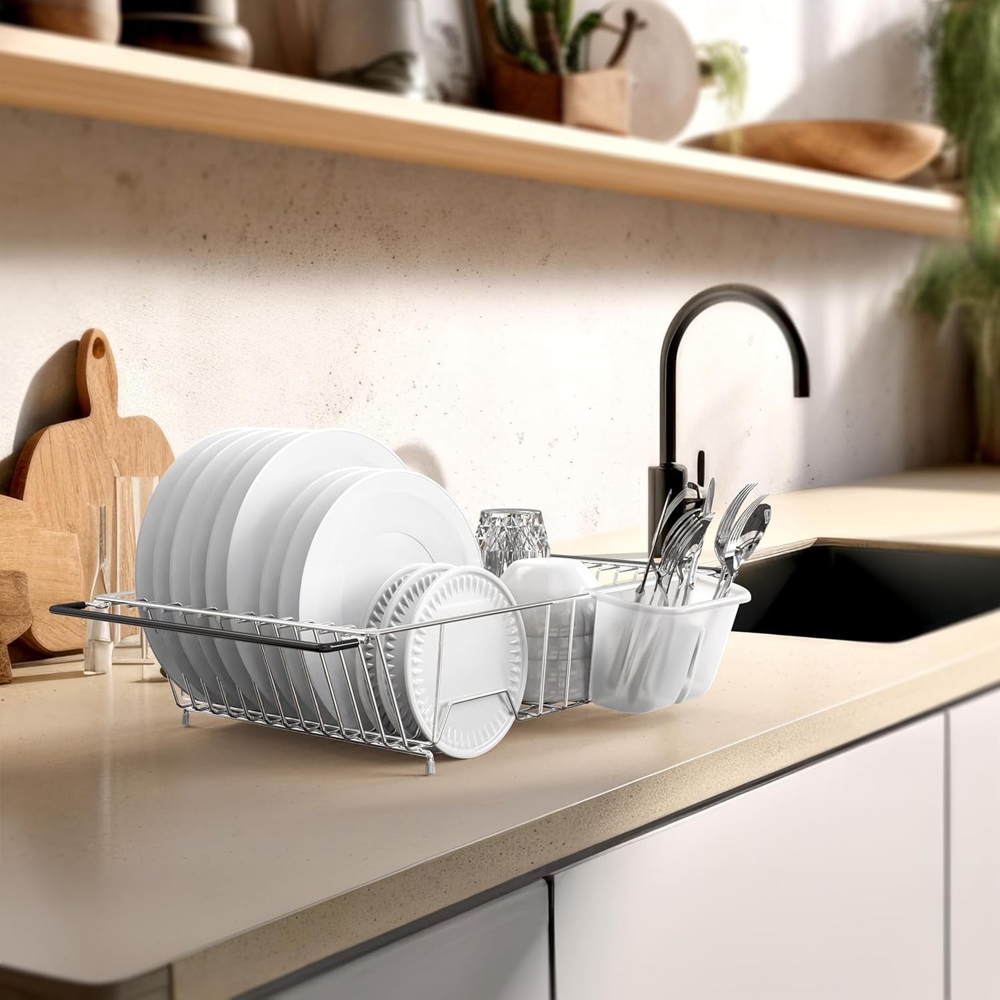 SIMPLE HOUSEWARE Large Over Sink Counter Top Stainless Steel Dish Drainer Drying Rack with Utensil Holder, Chrome