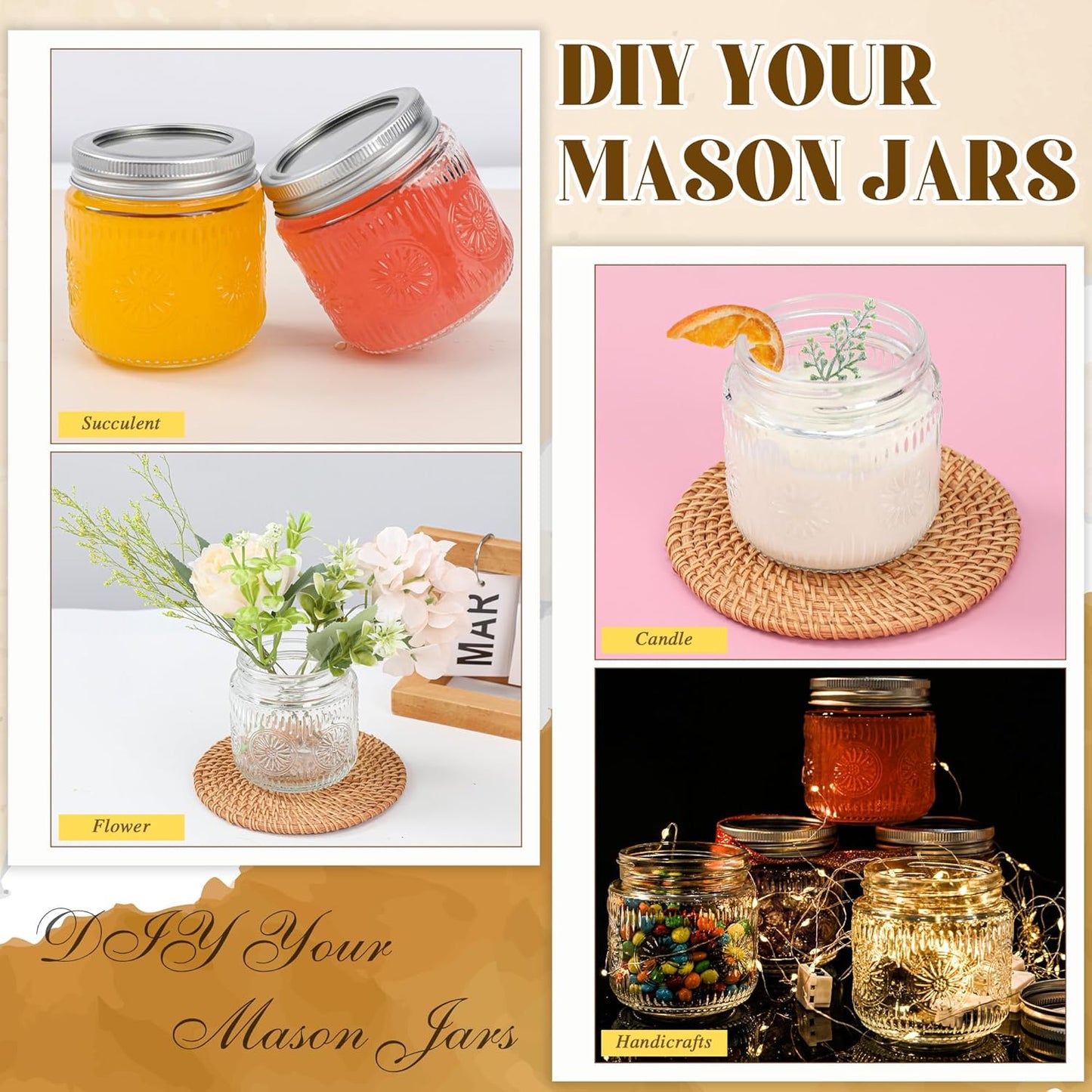 Mason Jars 8 oz - Vintage Small Glass Mason Jars with Silver Metal Lids, Regular Mouth Canning Jars, Safe For Storage, Canning, Pickling, Preserving, Fermenting, DIY Crafts & Decor (24Pack)