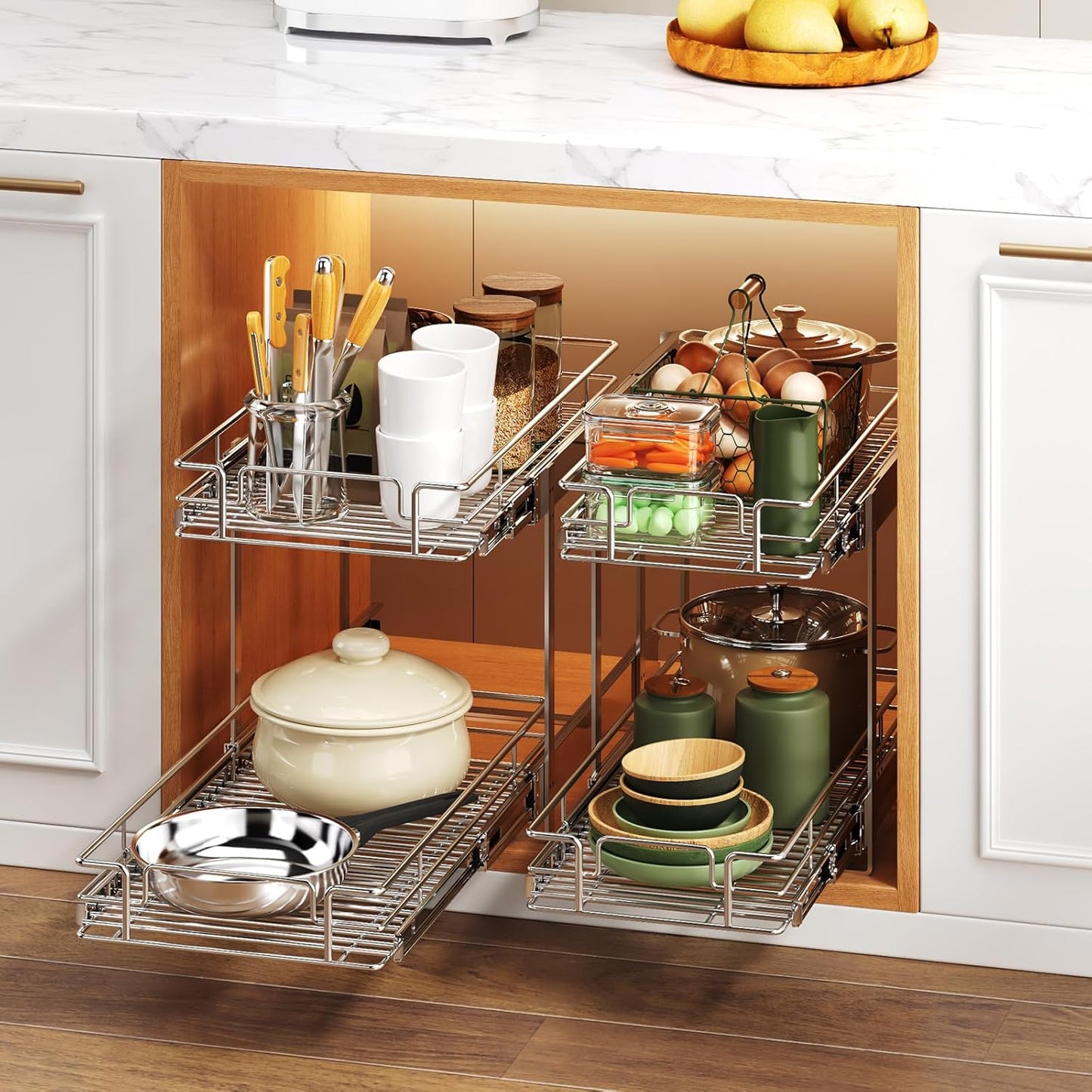 2 Tier Individual Pull Out Cabinet Organizer 12½" W x 21½" D, Heavy Duty Cabinet Pull Out Shelves, Slide Out Drawers Organization for Kitchen Cabinets Bathroom