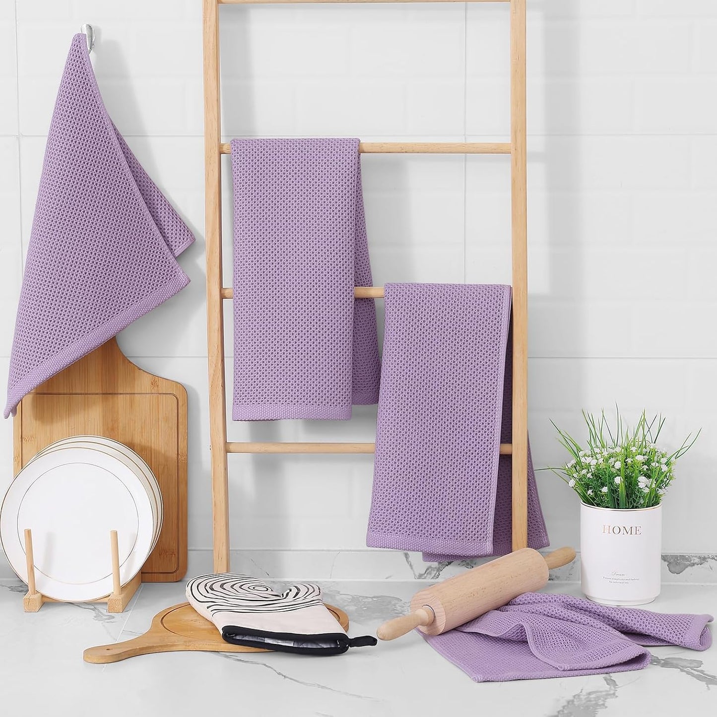 Homaxy 100% Cotton Waffle Weave Kitchen Dish Towels, Ultra Soft Absorbent Quick Drying Cleaning Towel, 13 x 28 Inches, 12-Pack, Lavender
