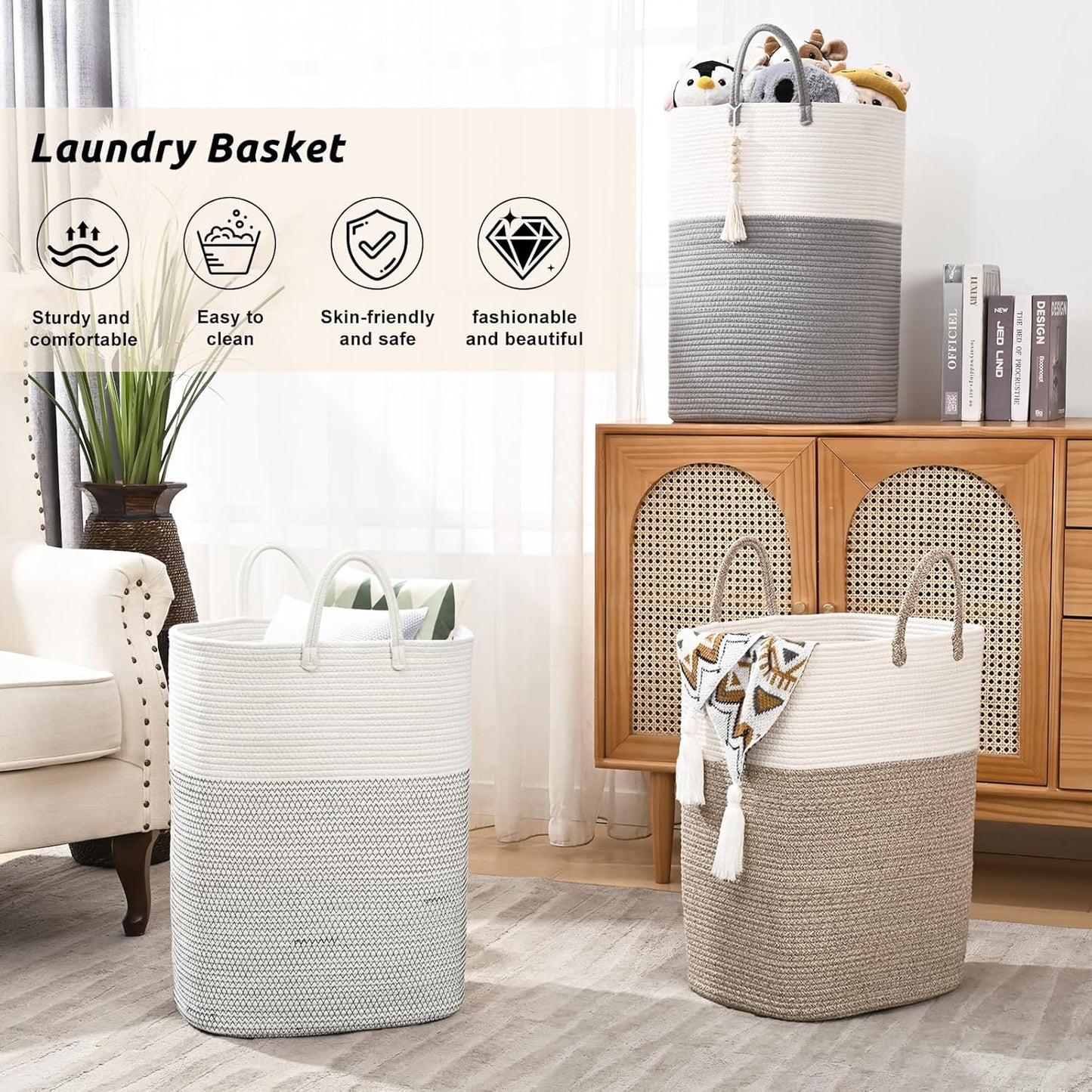 Woven Laundry Basket for Clothes, 50L Large Rectangle Laundry Hampers with Beads Tassel, Nursery Storage Basket for Toys, Tall Dirty Clothes Hamper for Bedroom Aesthetic, Laundry Room Organization