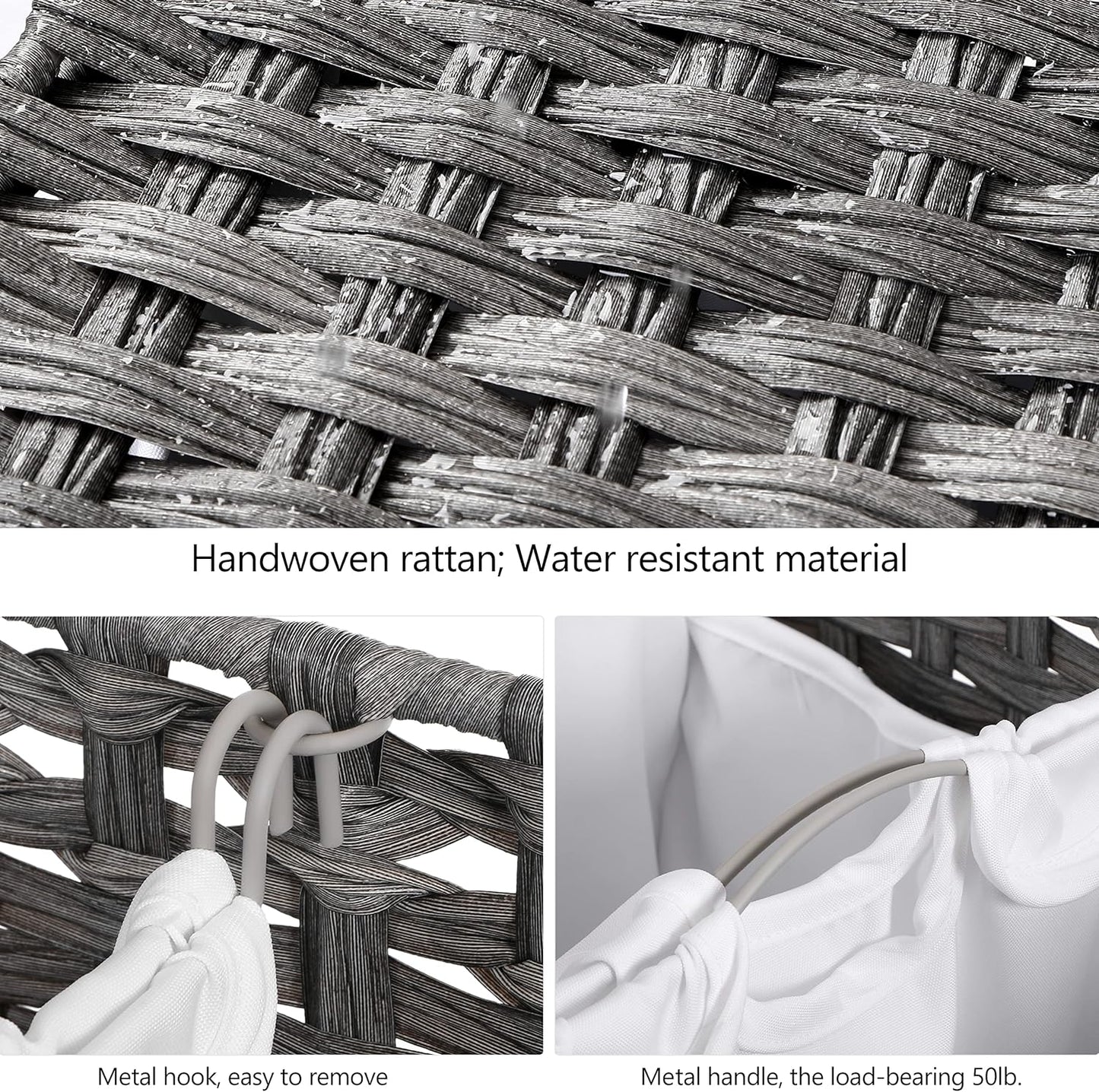 Laundry Hamper with 3 Removable Liner Bags; 132L Handwoven Rattan Laundry Basket with Lid & Heightened Feet; Clothes Hamper with Side Handles; Laundry Sorter with 3 Separate Sections (Gray)