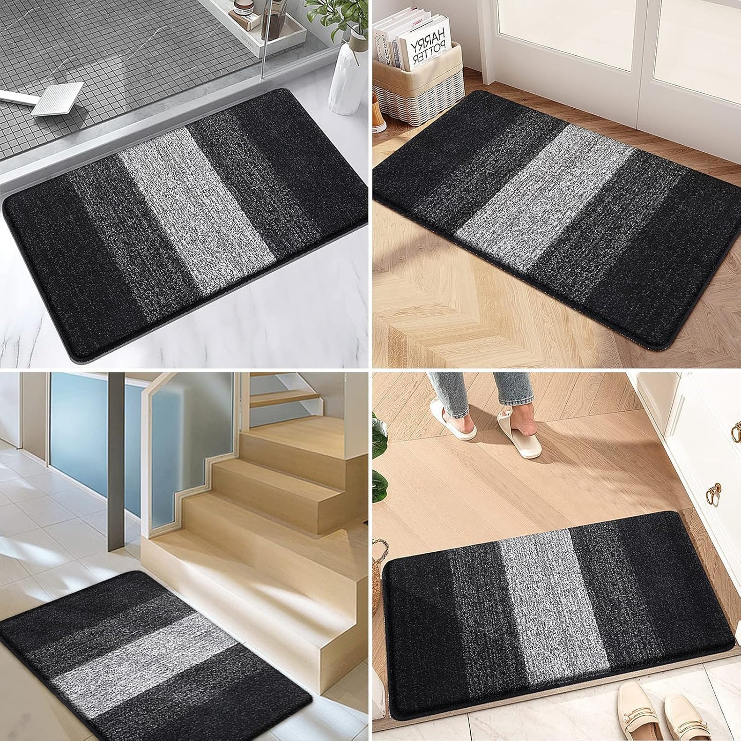 Kitinjoy Indoor Outdoor Door Mat, 48x32 Non-Slip Absorbent Dirt Trapper, Low-Profile Washable Inside Entrance Front Floor Mat, Sturdy Soft Entry Doormats for Entryway, Black