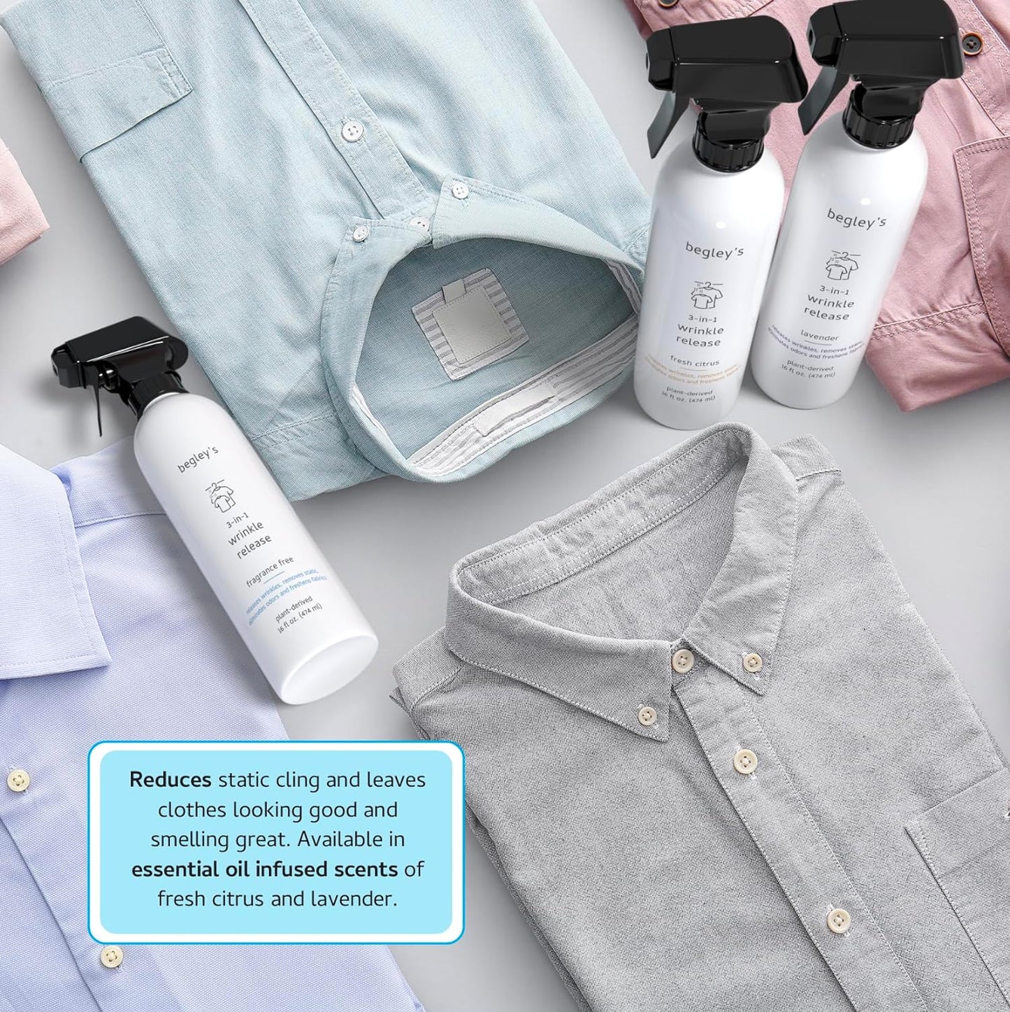 Begley's 3-in-1 Wrinkle Remover, Quick Fix Wrinkle Release, Static Cling Remover, Odor Eliminator and Fabric Refresher Spray - USDA Certified Biobased - Citrus, 16 oz