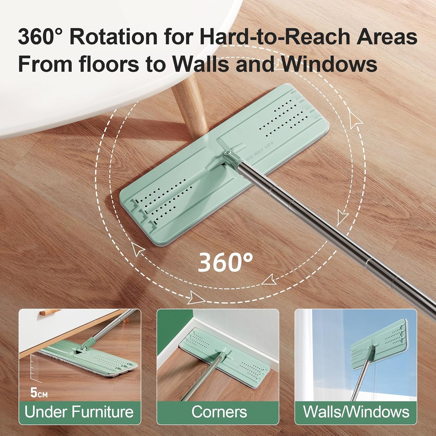 JOYMOOP Mop and Bucket with Wringer Set, Flat Squeeze Mop with Bucket (X-Large), Dust Mop for Wall Cleaner with Long Handle, Microfiber Mop - Green Bucket with 3 Reusable 15" Pads