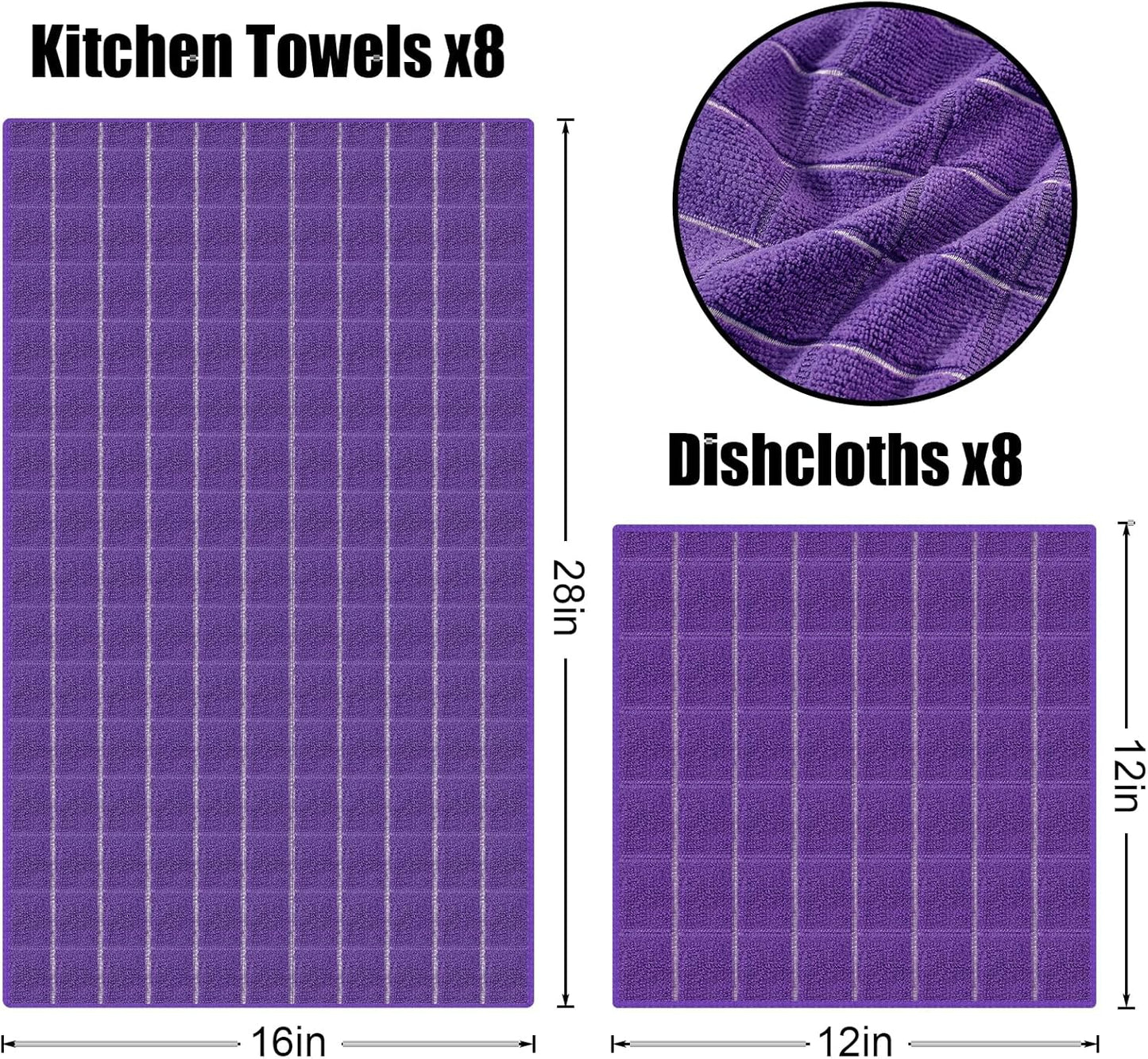 Homaxy Microfiber Kitchen Towels and Dishcloths Set, 12 Pack Soft and Absorbent Dish Hand Towels Bulk, 28 x 16 Inch & 12 x 12 Inch Quick Drying Rags for Washing Dishes, Purple