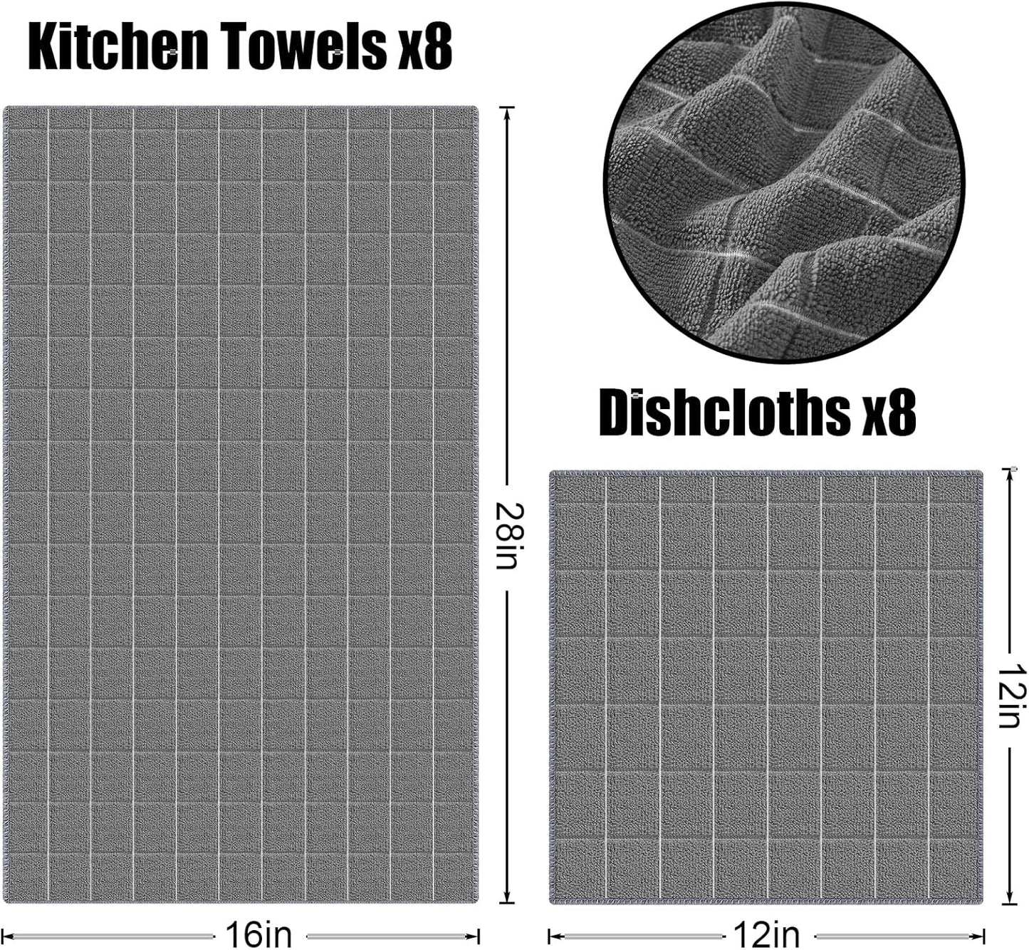 Homaxy Microfiber Kitchen Towels and Dishcloths Set, 16 Pack Soft and Absorbent Dish Hand Towels Bulk, 28 x 16 Inch & 12 x 12 Inch Quick Drying Rags for Washing Dishes, Grey