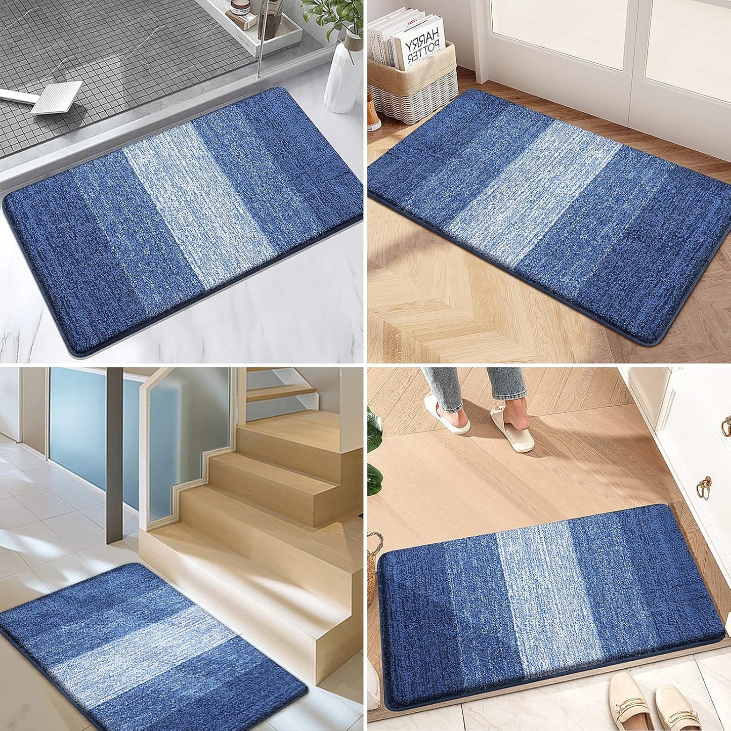Kitinjoy Indoor Outdoor Door Mat, 30x17 Non-Slip Absorbent Dirt Trapper, Low-Profile Washable Inside Entrance Front Floor Mat, Sturdy Soft Entry Doormats for Entryway, Navy Blue