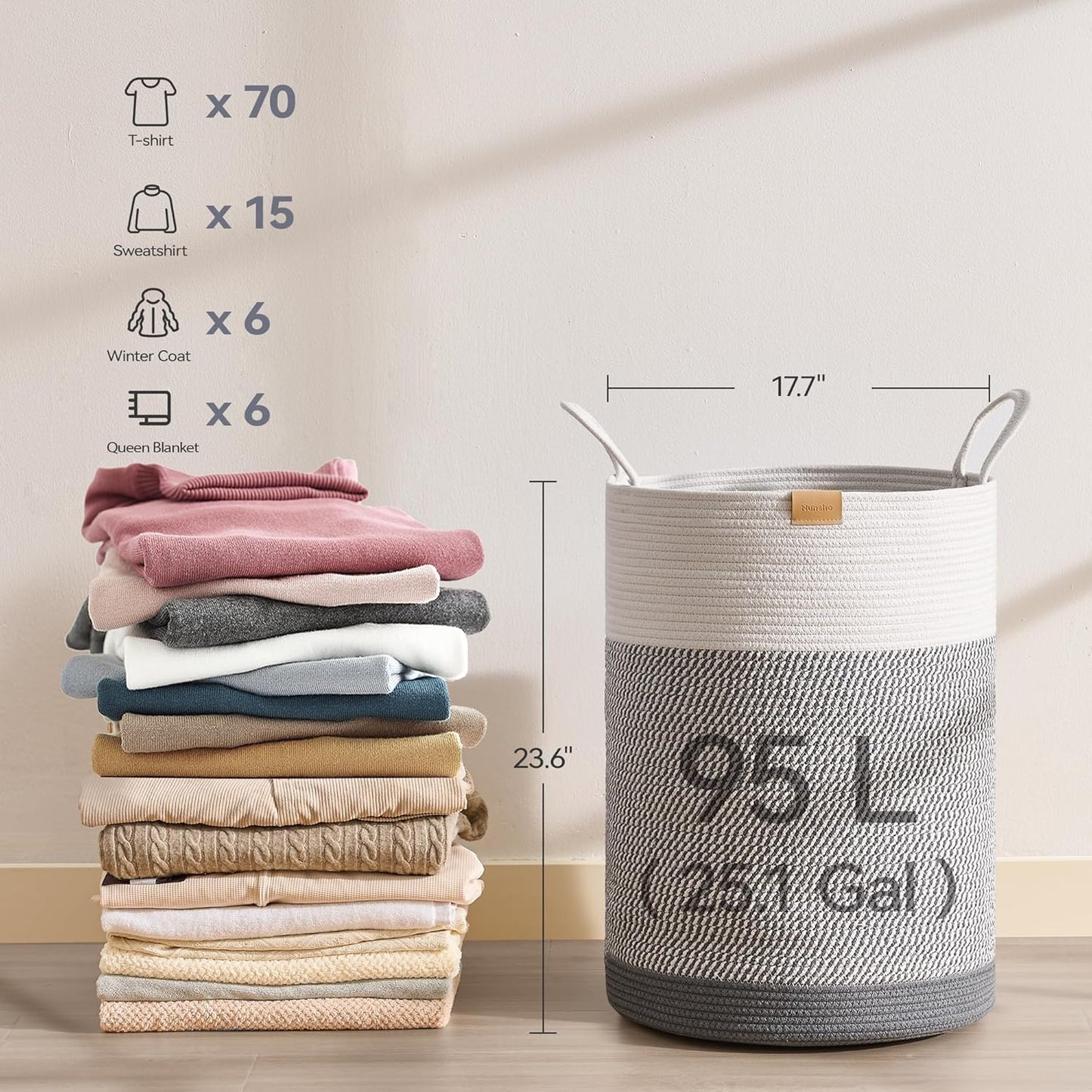 Laundry Hamper 95L,Large Laundry Basket for Clothes,Decorative Storage Basket for Blankets,Cotton Rope Woven basket for bedroom,Grey White