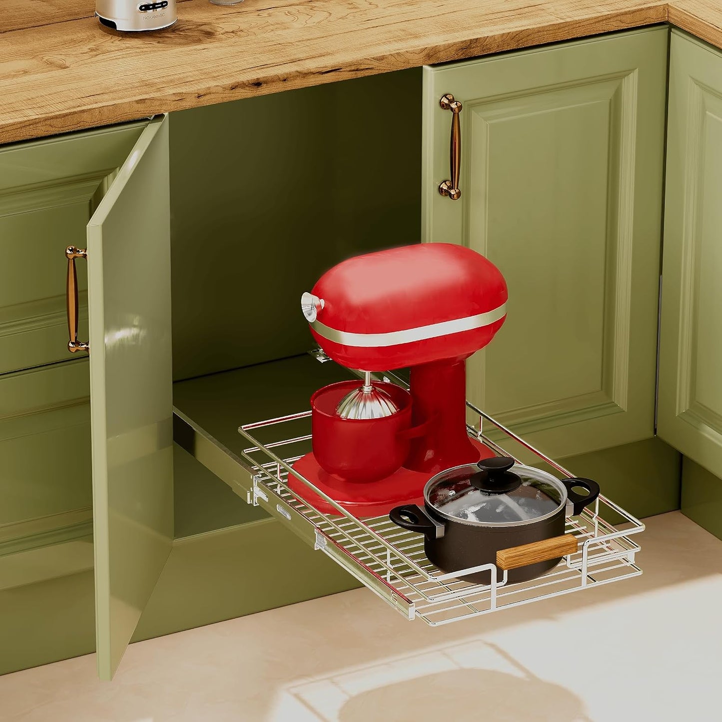 Pull Out Cabinet Organizer(14" W x 21" D), Heavy Duty Slide Out Pantry Shelves, Storage Shelf Drawer Basket for 15-1/4” Cabinet Opening, Pull Shelf Storage for Pots, Chrome