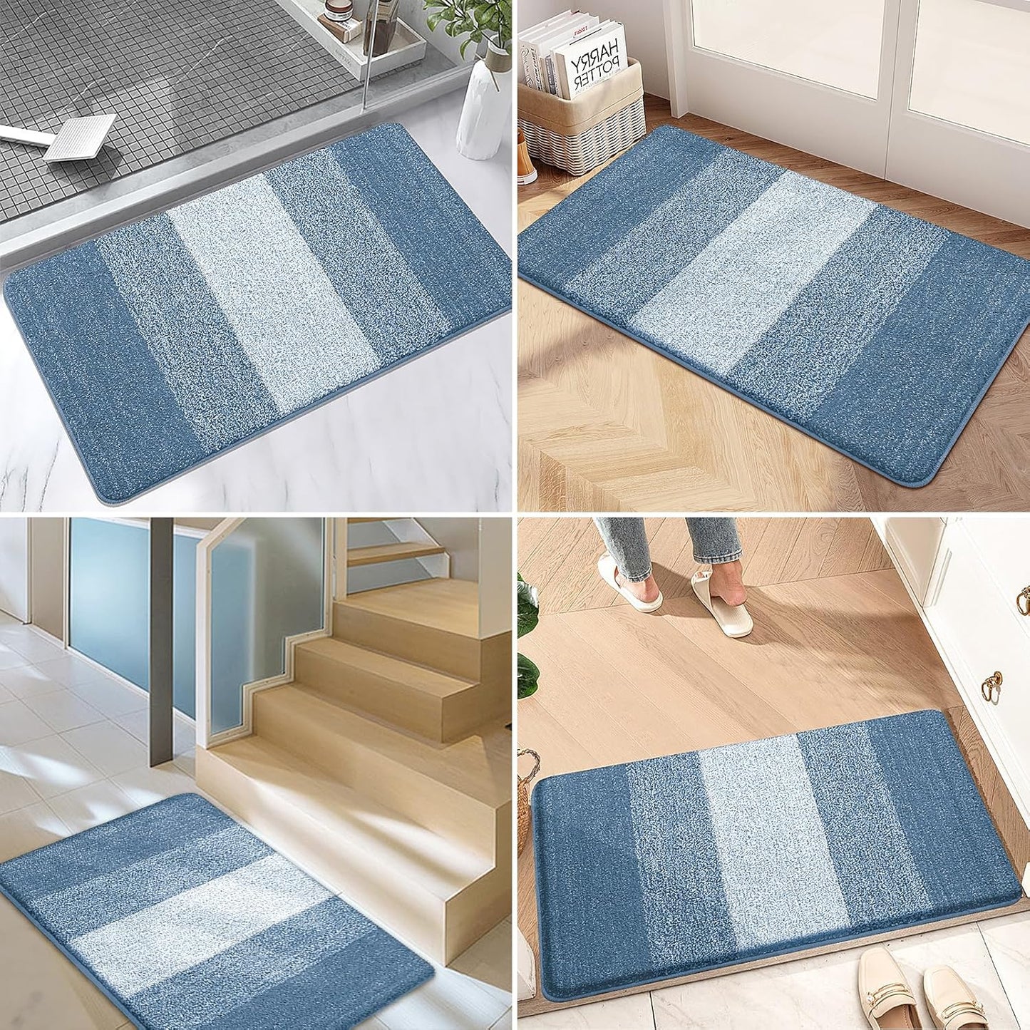 Kitinjoy Indoor Outdoor Door Mat, 59x36 Non-Slip Absorbent Dirt Trapper, Low-Profile Washable Inside Entrance Front Floor Mat, Sturdy Soft Entry Doormats for Entryway, Light Blue