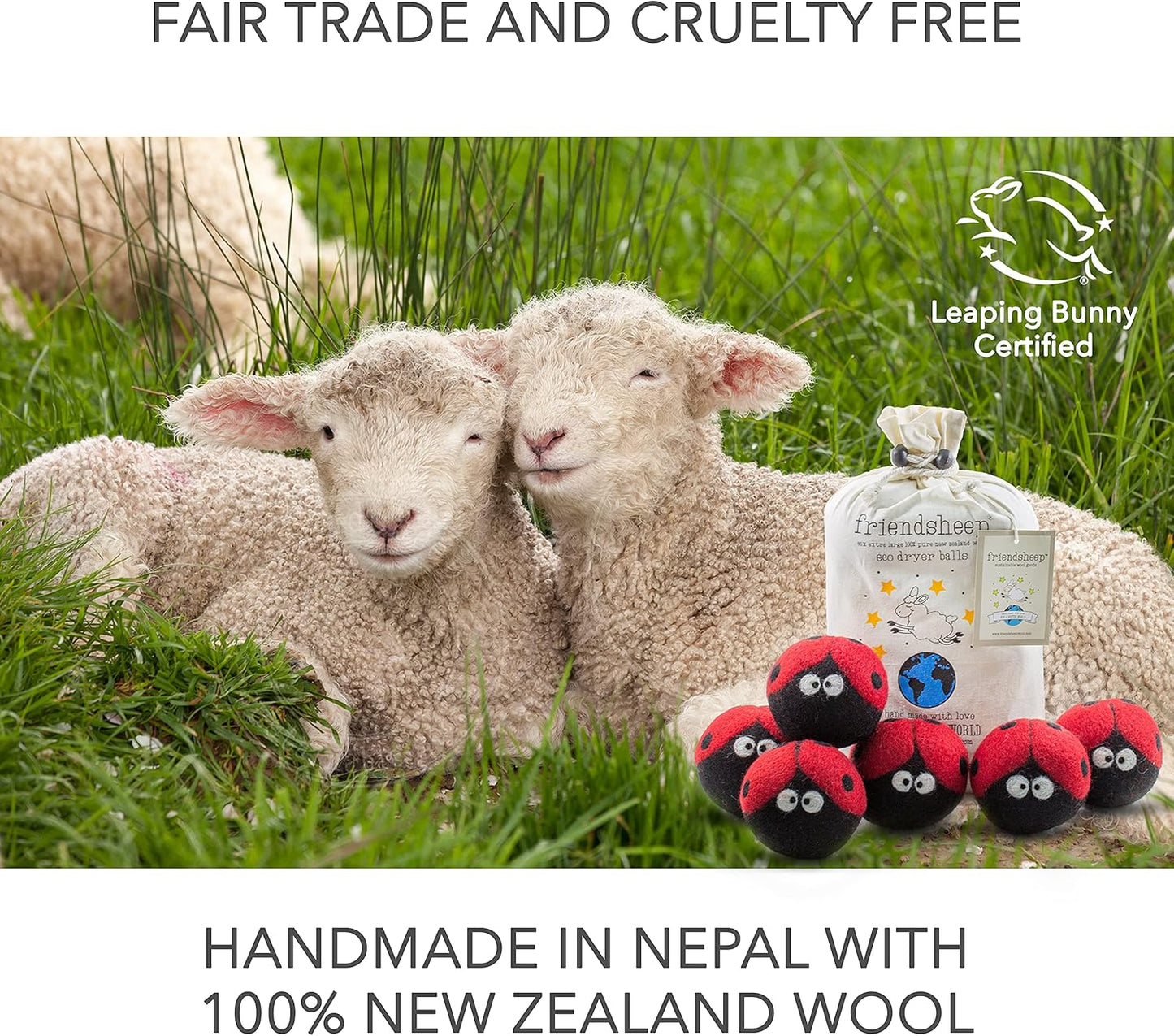 Friendsheep Wool Dryer Balls 6 Pack XL Organic Premium Reusable Cruelty Free Handmade Fair Trade No Lint Fabric Softener Ladybugs - Laundrybugs