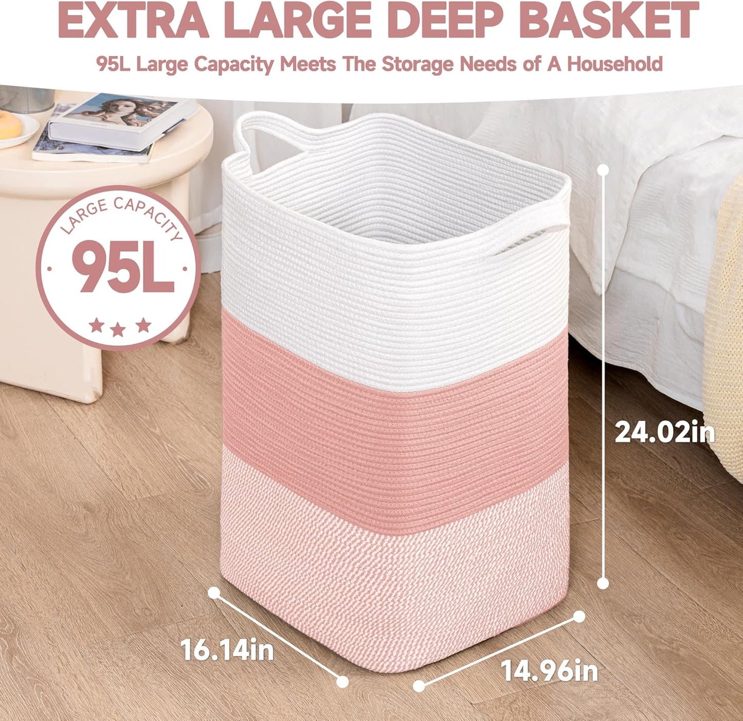 CLHMILY&Z 95L Laundry Basket Rectangular Pink Rope - 16x15x24 Inches - Dirty Clothes and Soft Storage Bin for Blankets, Toys, and Nursery Essentials