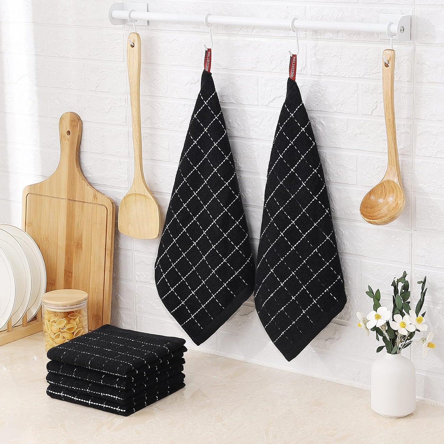 Homaxy 100% Cotton Terry Kitchen Dish Cloths, Ultra Soft and Absorbent Dish Towels for Kitchen, Suitable for Drying and Washing Dishes, 8 Pack, 12 x 12 Inches, Black