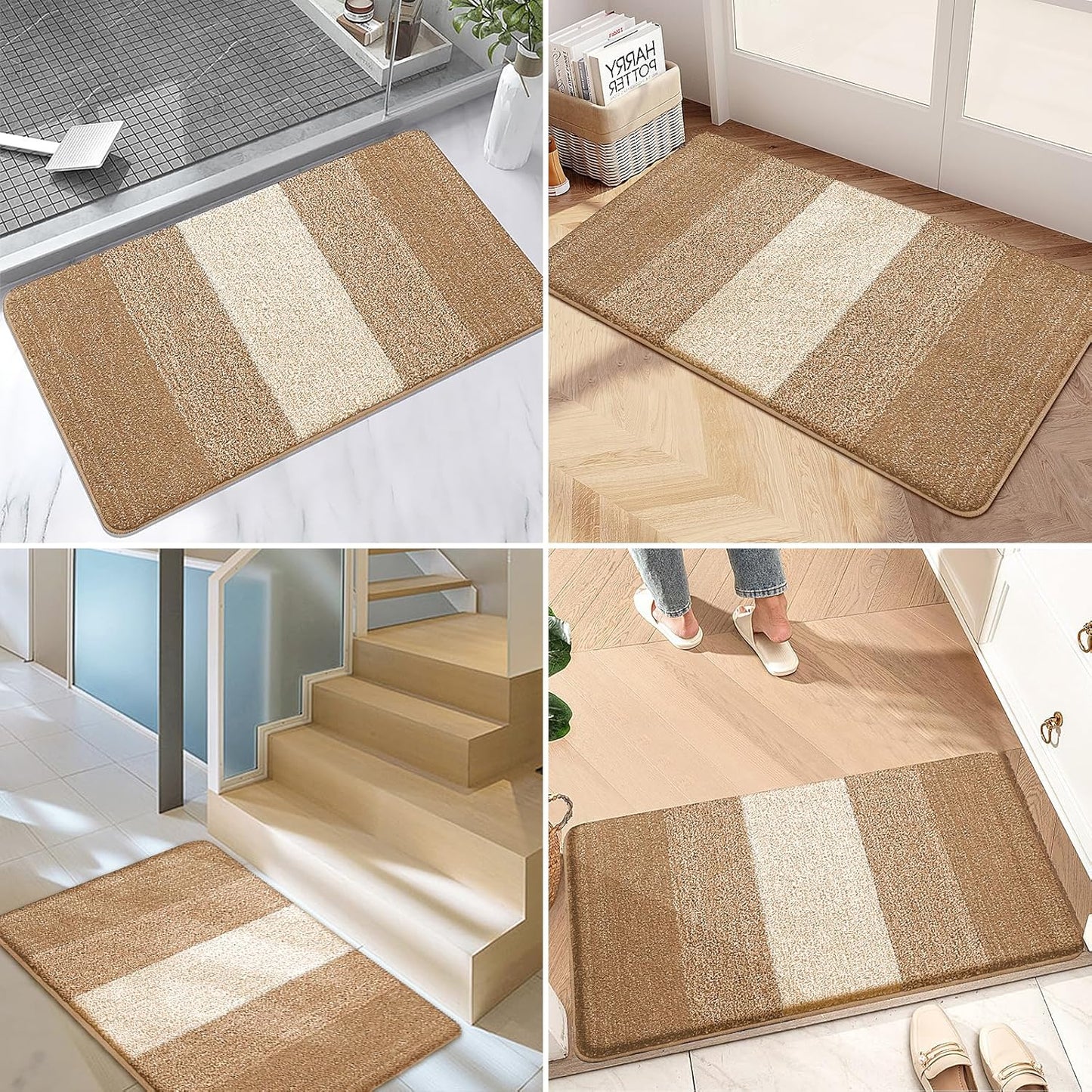 Kitinjoy Indoor Outdoor Door Mat, 48x32 Non-Slip Absorbent Dirt Trapper, Low-Profile Washable Inside Entrance Front Floor Mat, Sturdy Soft Entry Doormats for Entryway, Camel