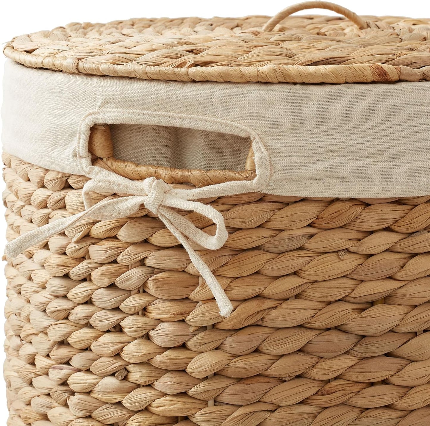 Casafield Round Laundry Hamper with Lid and Removable Liner Bag - Natural, Woven Water Hyacinth Wicker Laundry Basket for Clothes and Towels