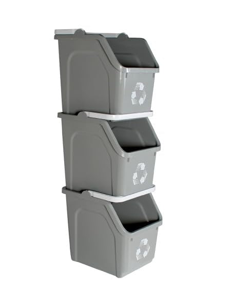 Multi Recycling Bin System with Three Stacking 6 Gallon Bins with Carrying Handles, Stackable and Compact for Offices, Homes, Garages, Businesses - (Grey, 3 Pack)