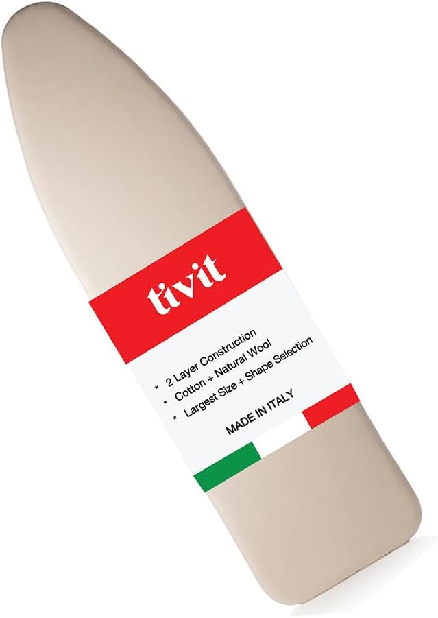 TIVIT Ironing Board Cover 13 x 44 Small Chemical Free Eco-Friendly Padded Covers - Unbleached, Untreated Natural Cotton & Wool Pad - 2 Layer, 3 Fastener Straps, Pull Bungee Cord - Made in Italy