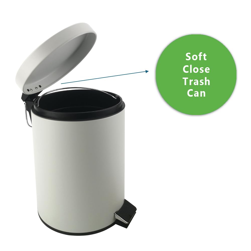 Stainless Steel Small Trash Can with Lid & Step Pedal - 5 Liters/1.3 Gallon Soft Close Waste Basket with Removeable Inner Bucket - Garbage Can for Bathroom, Bedroom, Kitchen & Office (White)
