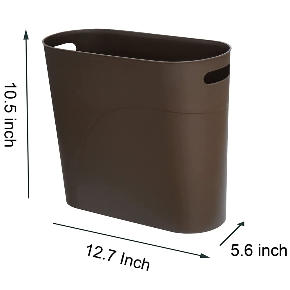Small Trash Can Plastic Bathroom Wastebasket 3.2 Gallon Slim Garbage Container Bin with Handle for Home Kitchen Bathroom Bedroom Office, 2 Pack (Brown)