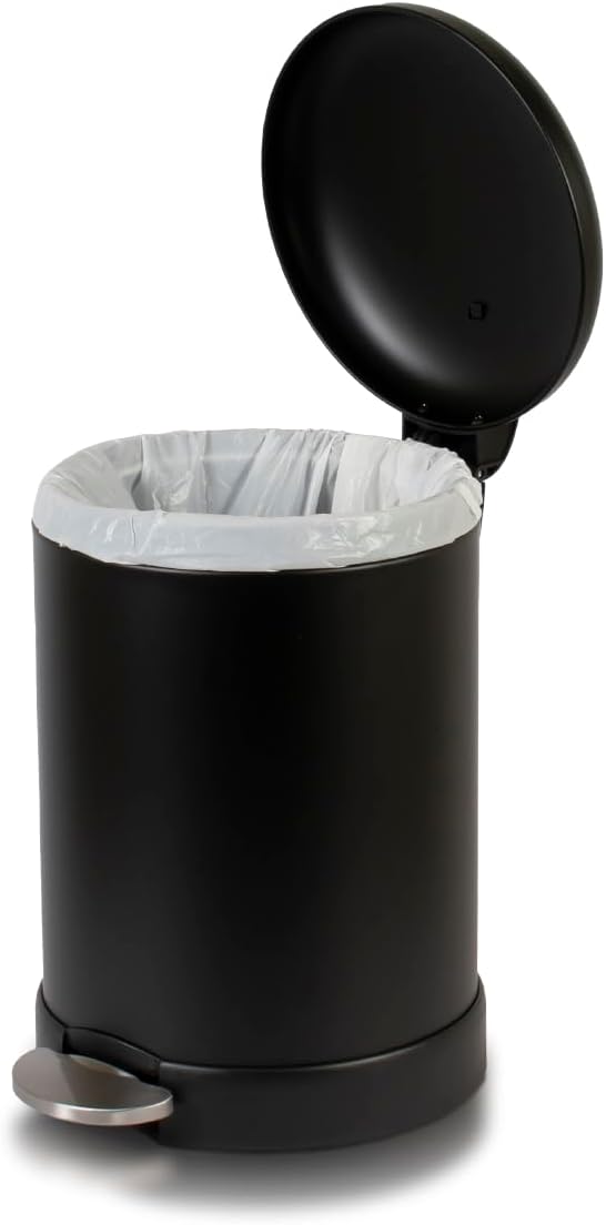 Glad Small Trash Can, 1.2 Gallon | Round Stainless Steel Garbage Bin with Soft Close Lid & Step Foot Pedal | Black Metal Waste Basket with Removable Inner Bucket, Matte Black