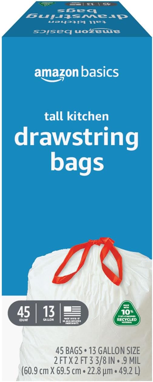 Amazon Basics 13 Gallon Tall Kitchen Drawstring Trash Bags, Unscented, 10% Post Consumer Recycled, 45 Count