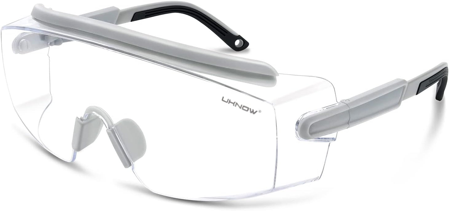 UKNOW Safety Goggles Over Glasses, Safety Glasses Anti Fog Wraparound Eye Protection, Protective Eyewear ANSI Z87.1