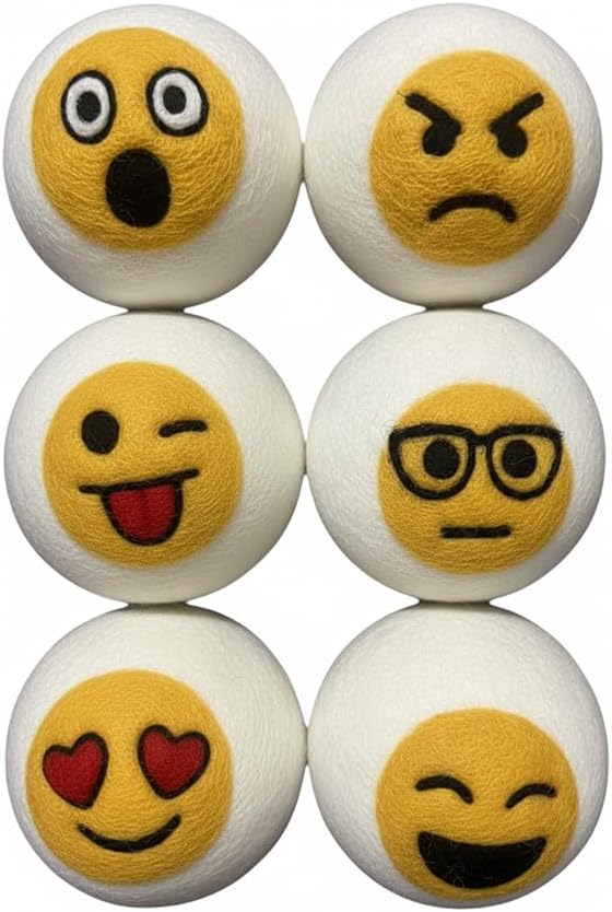 Ezhippie Quality Wool Dryer Balls - 6 XL Emoji Pack - 1000+ Loads - Pure Organic Wool - Reusable Natural Fabric Softener Perfect with Essential Oils, Reduce Clothing Static and Wrinkles