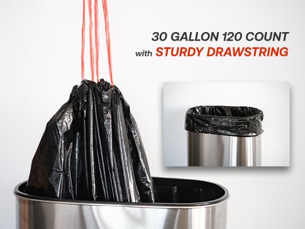 Ultra Strong 30 Gallon Drawstring Trash Bags, Unscented 120 Count Garbage Bags, Pre-Separated, Recycled Materials, Heavy Duty, Leakproof, Sturdy, Black