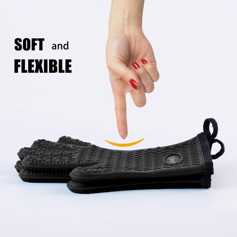 Kitchen Oven Gloves - Dual-Layer Heat Resistant Grilling Gloves, Silicone Oven Mitts with 5 Fingers, Waterproof Non-Slip Pot Holder for Barbecue, Cooking, Baking (XL-XXXL, Black)