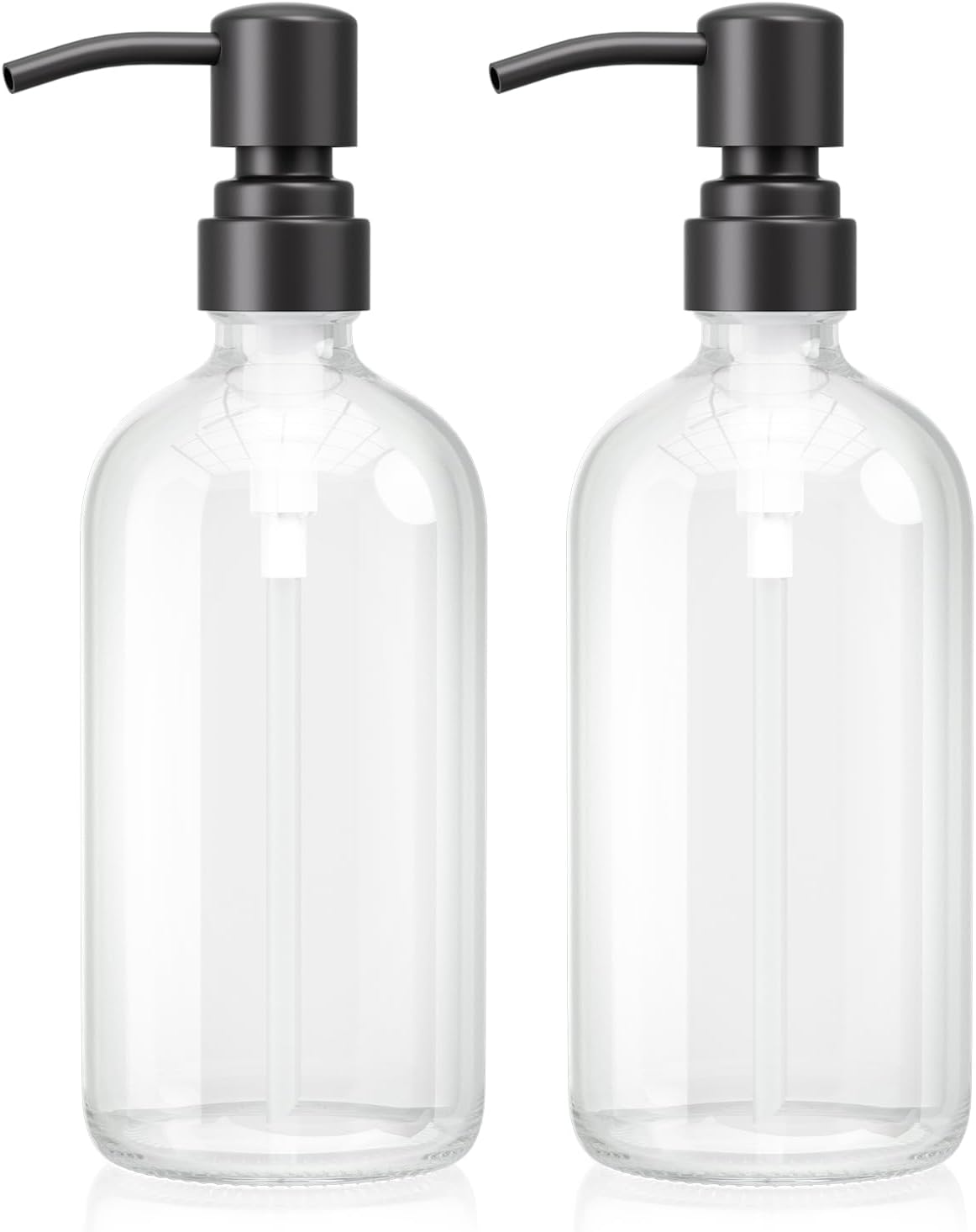 AmazerBath Soap Dispenser, 2 Pack Glass Soap Dispenser with Stainless Steel Pump, 17 Oz Bathroom Hand Soap Dispensers Bottle for Bathroom & Kitchen, Clear & Black