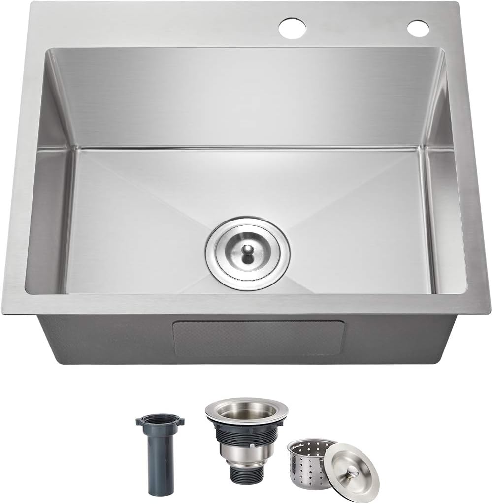 24x18 Inch Kitchen Sink Drop In, Premium T-304 Grade Stainless Steel Sink, 9" Deep Single Bowl with Brushed Finish, R10 Tight Corner,Topmount with 2 Holes, for Modern Kitchen/RV Sink