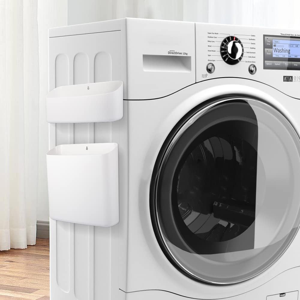 Picowe Magnetic Laundry Storage, 2 Pack Lint Holder Bin for Laundry Room, Space-Saving Trash Container Hanging on Dryer, Washer or Wall Mount Trash Bin (Gray White)