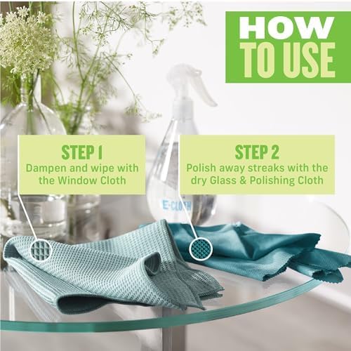 E-Cloth Window Cleaning Cloth - Eco Packaging - Glass Cleaning Cloth, Streak-Free Windows with Just Water, Microfiber Towel Kit for Windows, Car Windshield, Mirrors - Winter Green - 2pack