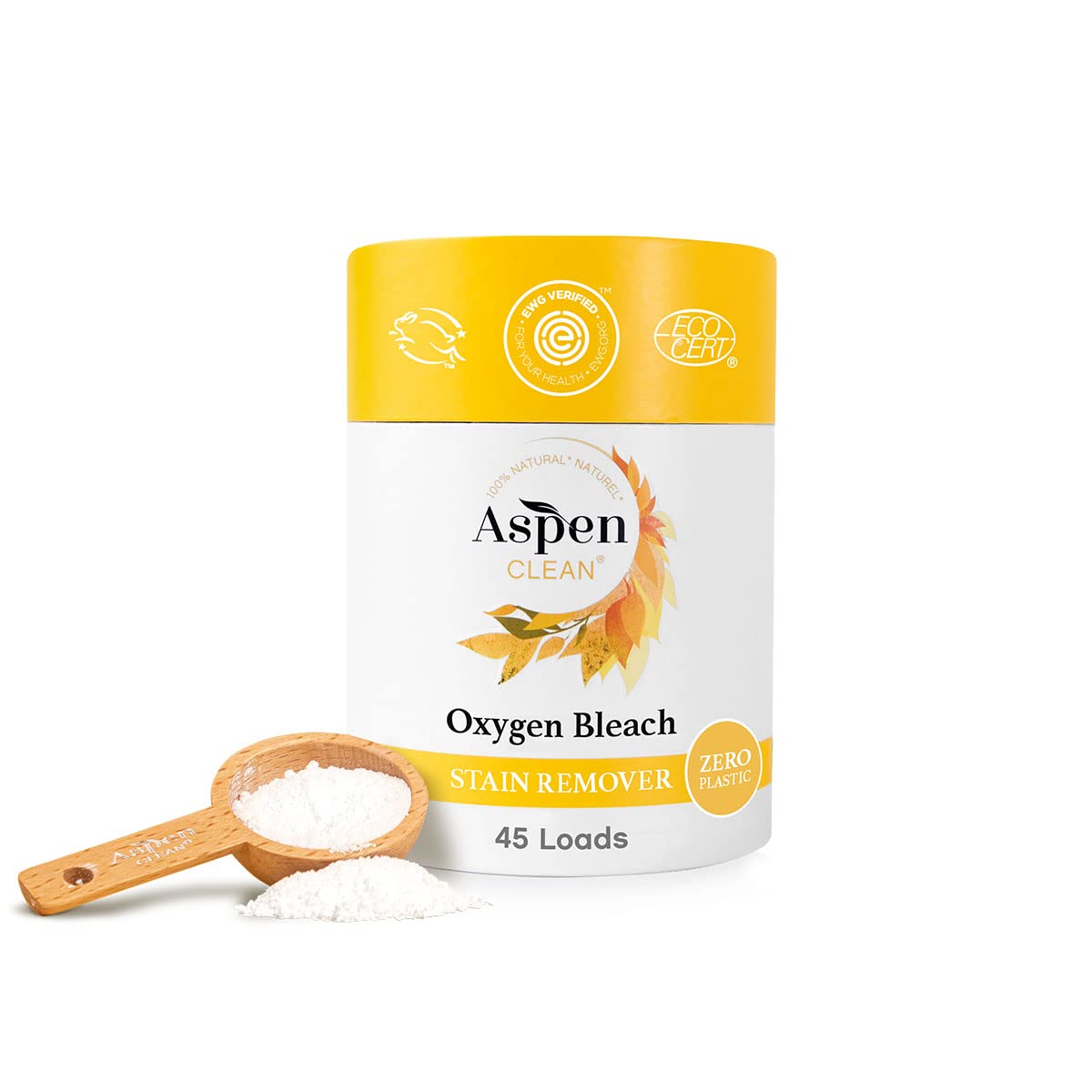 Unscented Oxygen Bleach Powder and Color Safe Stain Remover by AspenClean, Zero plastic, EWG Verified™, Vegan, Non-Bio, Hypoallergenic, Bleach Alternative - 45 Loads