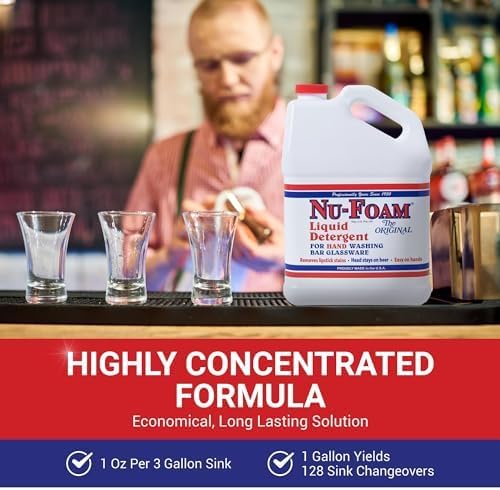 Nu-Foam Liquid Detergent for Bar Glassware – Original Streak-Free Solution - Hand Washing Bar, Tavern, Brewery Supplies - Spotless Serving Glasses - Concentrated- Easy On Hands - 1 Gallon- 4 Pack Case