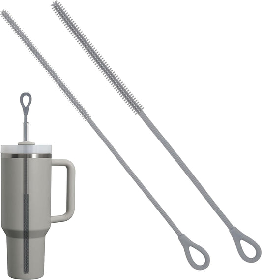 2Pcs Silicone Straw Cleaner Brush, 9.84in Reusable Straw Cleaner with Bendable Steel Core, Extra Long Soft Bottle Brush for Clearing Glass Straws, Smoothie Straws, 9mm&6mm (Gray)