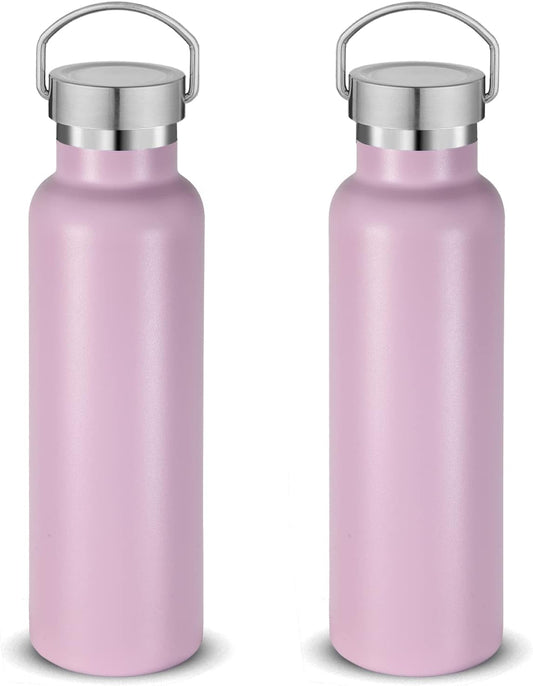 Neihepal 20 oz Insulated Water Bottles Bulk 2 Pack,Stainless Steel Double Wall Sport Bottle with Lid of Handle,Metal Reusable Thermoses Flask with Cup Cap for School,Cyclists,Gift (Pink,Set of 2)