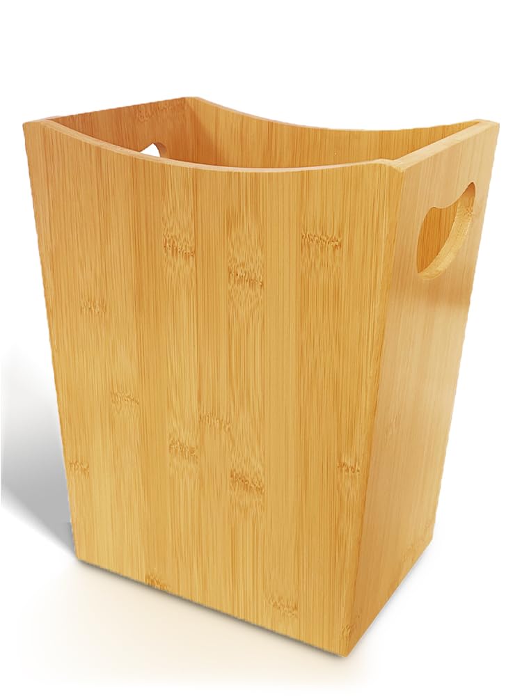 Wood Trash Can - Bedroom Trash Can Decorative with Handles - Bamboo Small Wastebaskets for Bathroom - 2 Gallon Rectangular Waste Basket for Office, Living Room, Kitchen Under Counter