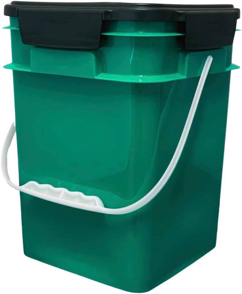 House Naturals 4 Gallon Square Food Grade Bucket Pail with Plastic Handles and Lid (Pack of 3) Made in USA containers (Dark Green - Black lids)