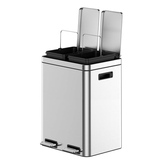 2 x 5.3 Gal (2 x 20L) Trash Can, Stainless Steel Triple Compartment Step-On Recycling Bin with Soft-Close Lids & Removable Plastic Inner Buckets for Kitchen, Home, Office