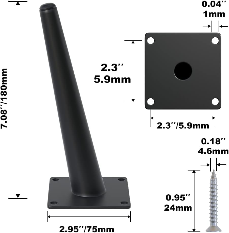 4PCS 7 Inch Matte Black Tapered Angled Legs for Furniture, Metal Mid Century Mordern Feet, Heavy Duty Slanted Stand Legs Kit for Couch, Coffee Table, Desk, Dresser, Sofa, Chair