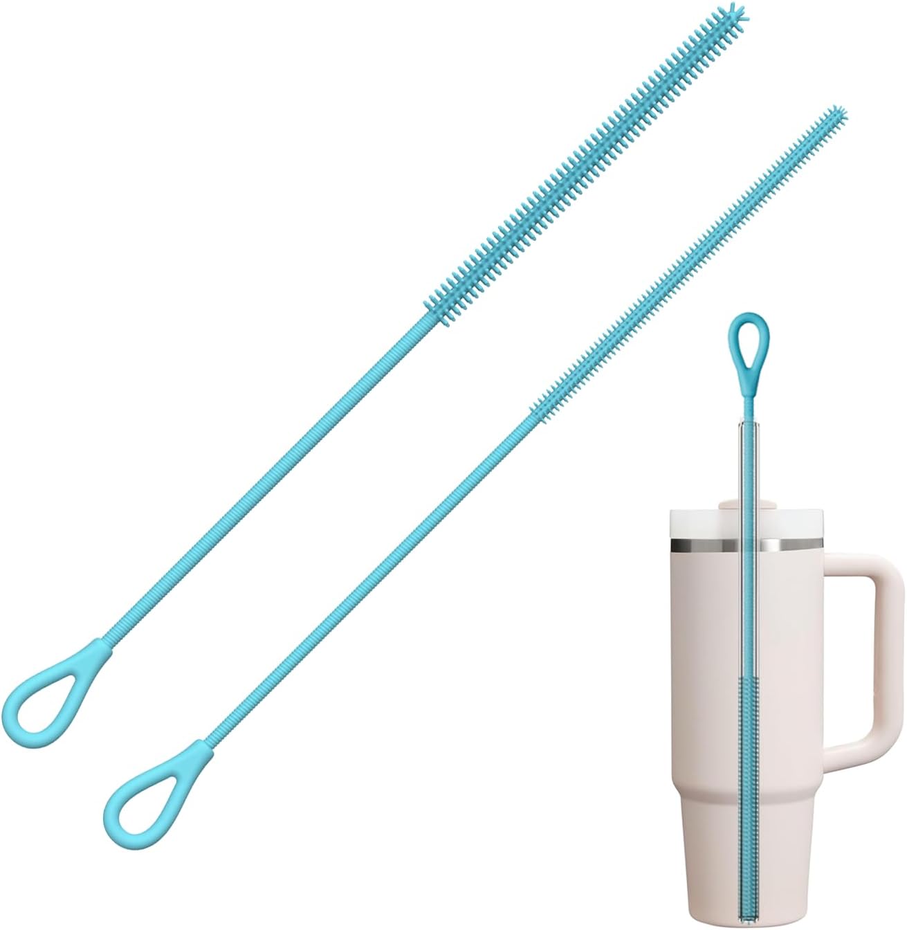 YOTIME Silicone Straw Cleaner Brush, 2Pcs Reusable Straw Brush Extra Long for Cleaning Tumbler with Handle and Glass Metal Smoothie Straws, Non-slip Handle Soft and Bendable, 6mm+9mm, Blue