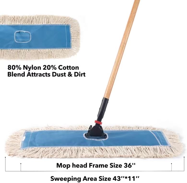Matthew Cleaning 36'' Industrial Strength Cotton Dust Mop Refill Washable Replacement Heads for Residential & Commercial Use Fit Standard Dust Mop Frames, Hardwood, Concrete Floors Blue&White 12 Pack
