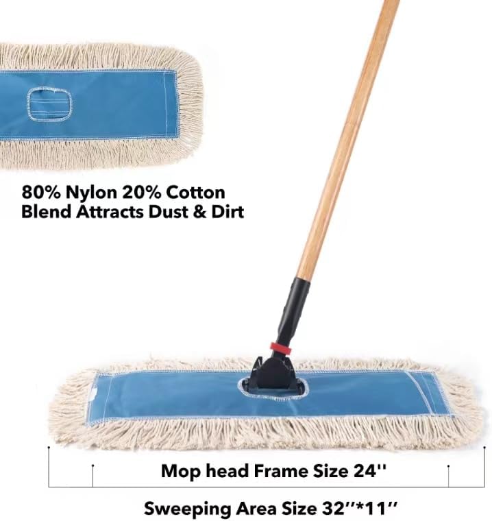 Matthew Cleaning 24'' Industrial Strength Cotton Dust Mop Refill Washable Replacement Heads for Residential & Commercial Use Fit Standard Dust Mop Frames, Hardwood,Concrete Floors Blue&White 1 Pack