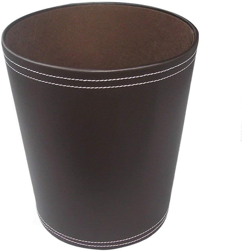 KINGFOM Classic Pu Leather Trash Can Wastebasket, Garbage Container Can for Bathrooms, Powder Rooms, Kitchens, Home, Office and and High Class Hotel Round Brown