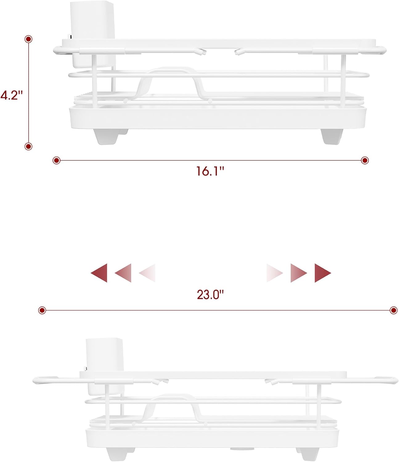 Stainless Steel Dish Drying Rack for Kitchen Counter, Sink Organization and Storage Essentials with Silverware & Utensil Holder, Home and Apartment Decor, 12" W x 16.1~23" L, White